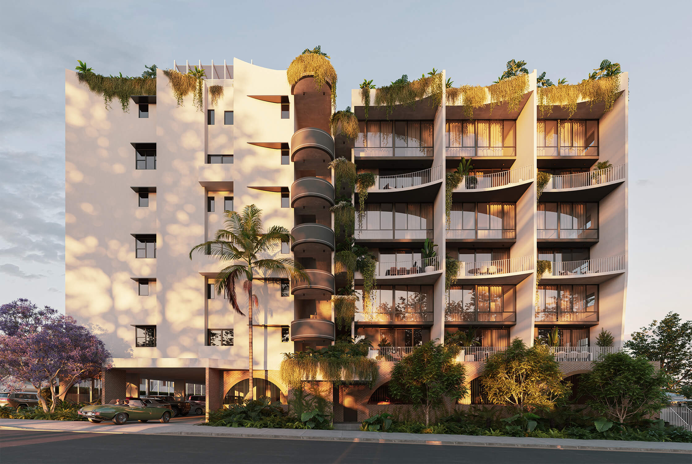 Hero exterior render of Atelier West End from Besant Street showing outdoor landscaping and cruved balconies.